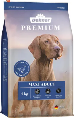 Produktbild von Dehner Premium Hundefutter Maxi Adult, Trockenfutter getreidefrei, für ausgewachsene Hunde großer Rassen, Ente / Lamm / Kartoffel, 4 kg