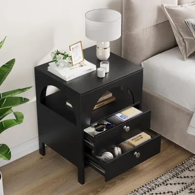 Image de Table de chevet moderne avec 2 tiroirs et 1 compartiment ouvert, idéale pour le salon, la chambre à coucher et le couloir, noire, 45 x 40 x 58 cm, 1 pièce
