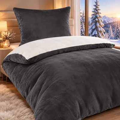 Produktbild von Bettwäsche Winter Flausch Cashmere Touch Uni Wende warm 2 teilig 135x200 mit RV Farbe Anthrazit / Creme