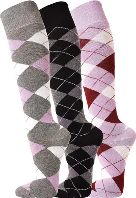 Produktbild von TippTexx 24 3 Paar Reiter Kniestrümpfe, Reitstrümpfe im Karo Muster, Flieder/Anthrazit/Weinrot, Größe 35-38