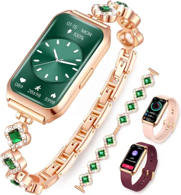 A smartwatch with a rose gold band and green face, along with two other smartwatches in pink and burgundy, are displayed against a white background. The main smartwatch is adorned with green and clear gemstones.
