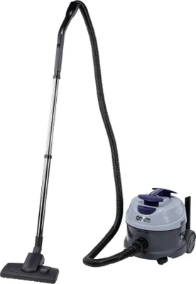A vacuum cleaner with its hose and wand is shown against a white background.