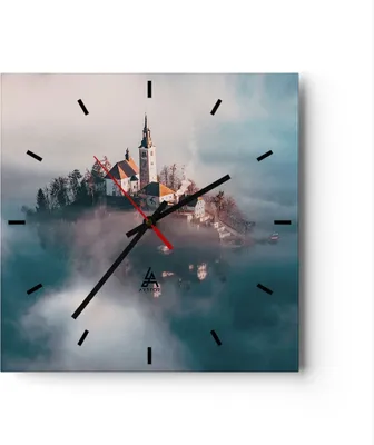 Produktbild von Wanduhr - Quadrat - Glasuhr - Alpen Bled Kirche - 30x30cm - Schleichendes Uhrwerk - Lautlos - zum Aufhängen bereit - Dekoration Modern - Wanddekoration aus Glas - C3AC30x30-4130