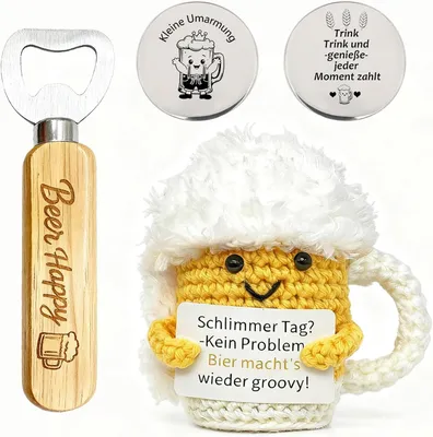 Productafbeelding van Gebreide bierbekers - Set van 3 - Cadeauset - Anti-stress gebreide bierpop - Pocket hug - Stresscadeau