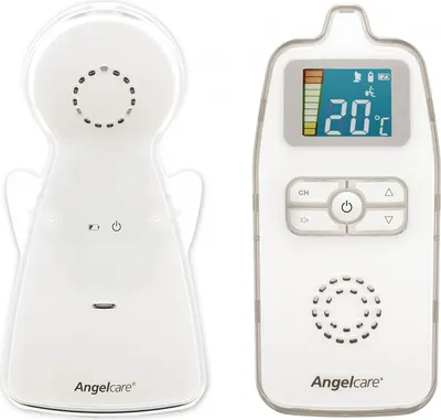 A white baby monitor and its parent unit are displayed against a white background.