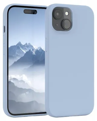 A light blue phone case is shown next to a smartphone displaying a mountain landscape.