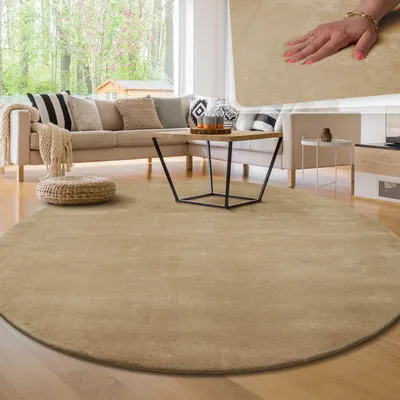 Produktbild von Moderner Wohnzimmer Teppich Kurzflor Waschbar Weich Einfarbig Felloptik Anti-Rutsch Grösse 160 cm Rund