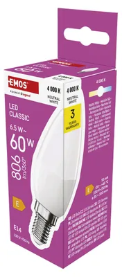 Immagine prodotto di EMOS LED Lampada a candela, 6,5W in sostituzione della lampadina a incandescenza da 60W, lampada a candela con base E14, luminosità 806 lm, bianco neutro 4000 K, durata 30000 h, ZQ3E43