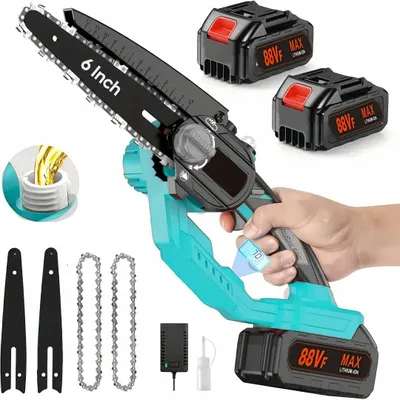Produktbild von 6 Zoll Akku Kettensäge,Handheld-Kettensäge,Bürstenloser Motor DIY -Werkzeuge,Ein-Klick-Einstellungskette,Gartengeräte mit Digitalanzeige,2 Akku