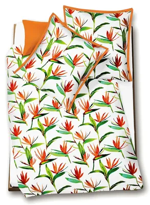 Produktbild von Fleuresse Mako-Satin Bettwäsche 155x220 Blumen Strelizie weiß grün orange 113694-09