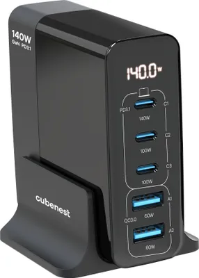 Obrázek produktu pro Cubenest S5D0 PD 3.1. 3*USB-C+2xUSB-A GaN Adaptér 140W Rychlonabíječka USB-C kabel - Stolní nabíječka