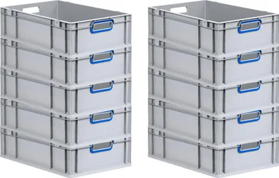 Produktbild von SparSet 10x Eurobox NextGen Color | HxBxT 17x40x60cm | 34 Liter | Griffe blau offen | Glatter Boden | Grau | Eurobehälter, Transportbox, Transportbehälter, Stapelbehälter