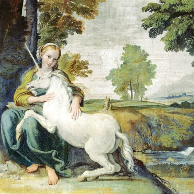 Zdjęcie produktu dla Obraz z nadrukiem Domenichino - Dziewica z jednorożcem, 1602 (40 x 40 cm)