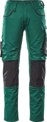 A pair of green work pants with black knee patches and pockets, shown front-on against a white background.