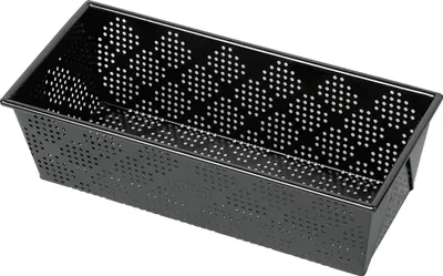 A black perforated rectangular baking pan, shown from a slightly elevated diagonal angle.