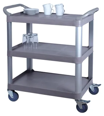 Produktbild von Servierwagen mit 3 Ablageflächen – Kunststoff und Leichtmetall – Tragkraft von 100 kg – Rollen mit Bremse – 845×430×950 mm