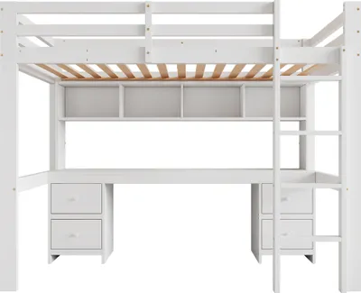 Produktbild von Merax Etagenbett 90x200cm, Hochbett mit Schreibtisch und Regalen, Kinderbett mit Lattenrost und 4 Schubladen, Massivholz Jugendbett Stockbett, Weiß