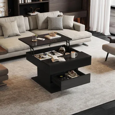 Produktbild von MODFU Anhebbarer Couchtisch Wohnzimmertisch mit 1 Schublade und Tischplatte 360° frei drehbar,Kaffeetish Beistelltisch mit verstecktem Stauraum,Schwarz