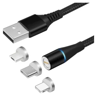 Produktbild von 3in1 Magnet Ladekabel Datenkabel Universal für Samsung USB Kabel auf: USB-C / Typ-C + Lightning + Micro USB Anschluss Schwarz Länge 1 Meter