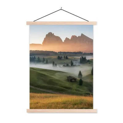 Produktbild von MuchoWow® Textilposter Berg - Nebel - Landschaft 60x80 cm mit holzfarbenen Rahmen - Wandbild