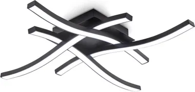 A modern black ceiling light with curved LED strips.