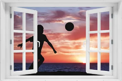 Produktbild von Wallario Wandbild mit Fenster-Illusion: Fußball - Kleiner Junge spielt im Abendrot, Größe: 61 x 91,5 cm, Poster mit rahmenlosen Bildhalter