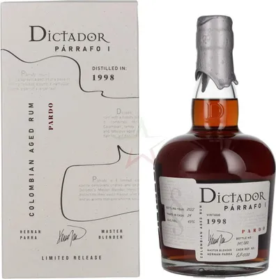 Obrázek produktu pro Dictador PÁRRAFO, 24 let, PARDO, ročník 1998, 43,00 %, objem 0,70 litru.