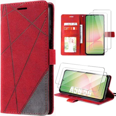 Image de Coque + 2 Verres Trempés pour Samsung Galaxy A56 5G, Anti-Rayures Antichoc Protection Synthécuir Rouge