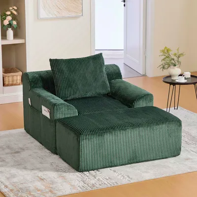 Immagine prodotto di LVHOM divano singolo con pouf, poltrona reclinabile con sgabello, divano pigro senza montaggio, poltrona lounge in tessuto a coste, beanbag, verde