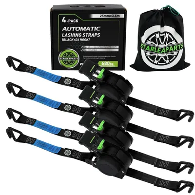 Immagine prodotto di Cinghie di tensionamento automatiche con gancio a J, confezione da 4 pezzi, lunghezza 3,6 metri, larghezza 25 mm, capacità di carico 340 kg/680 kg, colore nero
