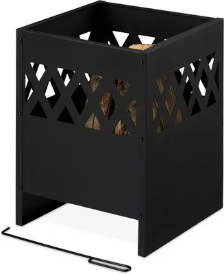 Produktbild von Famanu Feuerschale mit Grillrost und Schürhaken - 53 x 40 x 40 cm - Feuerstelle für Garten und Terrasse - Schwarz
