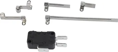 A collection of metal levers and a black microswitch are arranged on a white background.