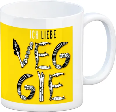 Produktbild von Ich liebe Veggie Kaffeebecher mit Gemüse Motiv in gelb