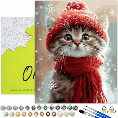 Produktbild von Malen nach Zahlen Erwachsene & Kinder Tiere Katze Rot Schal 50x40 - 32 Acrylfarben, Leinwand mit Holzrahmen, 3 Pinseln und Zubehör Oh Art!