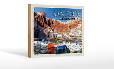 Produktbild von Holzschild Reise 18x12 cm Santorin Griechenland Hafen von Ammoudi