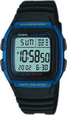 A digital Casio watch with a black band and blue accents on a white background.