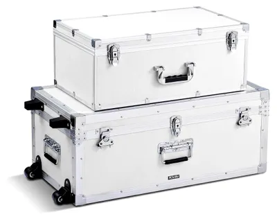 Produktbild von 2 x Transportkoffer Aufbewahrungskisten abschließbar, große Aufbewahrungskiste mit Rollen und 3 Metallgriffen, Transportruhe mit Deckeln für Wohnung und Studentenwohnheim in Weiß