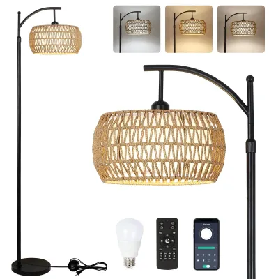 Obrázek produktu pro Stmívatelná stojací lampa - Boho stojací lampa - Ratan/len stínidlo - Dálkové ovládání/aplikace - Nožní spínač - Ideální čtecí lampa - Stojací lampa