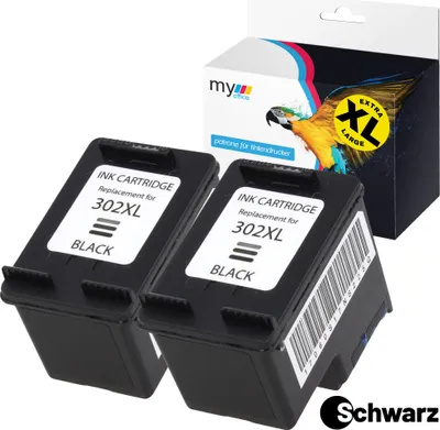 Two black ink cartridges are shown in front of a product box with a parrot graphic.