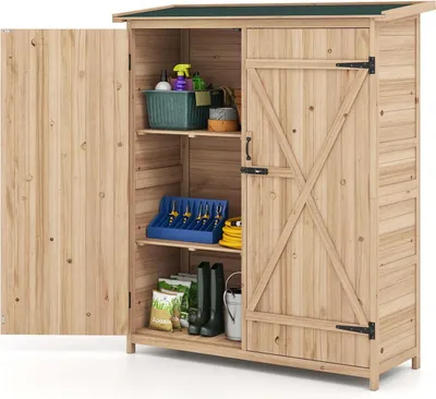 Immagine prodotto di Casetta da giardino - Casetta per attrezzi in legno - Tetto bituminoso inclinato impermeabile - Ripiani rimovibili - Porte con serratura - Beige