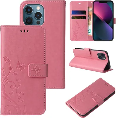 Produktbild von Handyhülle für Apple iPhone 14 Floral Blumen Schmetterling Flip Cover Hülle Case Klapphülle Handytasche Farbe: Rosegold