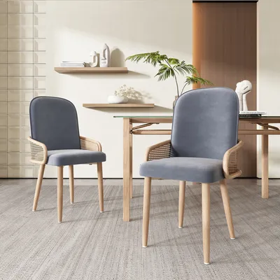 Immagine prodotto di Sedia da pranzo Sweiko in velluto, set di 2, design rattan, soggiorno, camera da letto, con quattro gambe in metallo (effetto legno), grigio
