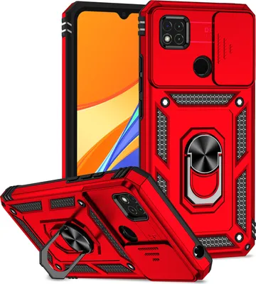 Image de Etui pour Xiaomi Redmi 10A / 9C étui double couche avec protection coulissante de l'appareil photo et anneau de support rouge
