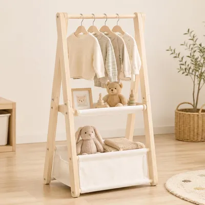 Produktbild von Kinder Kleiderständer Faltbar – Baby Garderobenständer mit Kleiderstange, Ablage & Aufbewahrungsbox, Kindergarderobe für Kinderzimmer