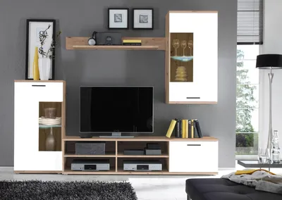 Produktbild von Wohnwand Mediawand Schrankwand Wohnzimmerschrank Schrank Anbauwand "Kenton I" Artisan Eiche / Weiß