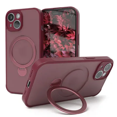 Obrázek produktu pro EAZY CASE - MagSafe pouzdro na mobilní telefon pro Apple iPhone 15, stojánek, otočný o 360°, Magsafe stojánek, silikonové pouzdro, nárazuvzdorný kryt v červené barvě