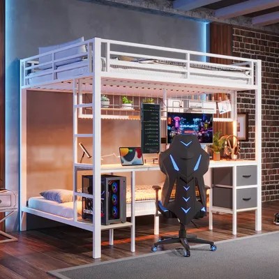 Productafbeelding van Okwish, een bed van 140x200 cm met matras, een bed voor tieners met lades en een bureau, een metalen frame met een 7-kleurige LED-strip en een USB-poort, wit