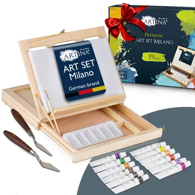 Produktbild von Malset Staffelei - 19-teilig - 20 x 30 cm Leinwand - 12 Acrylfarben - Tischstaffelei