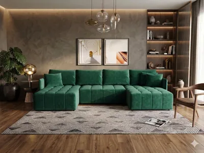 Image de Canapé d’angle CHICAGO U vert velours Monolith 37 - fonction couchage, coffre de rangement pour la literie