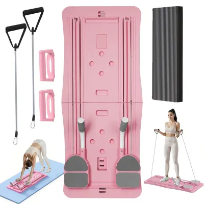 Image de Tapis de Pilates pliable, 4 en 1, pour abdominaux, rouleau d'exercice, équipement de fitness pour salle de sport à domicile, entraîneur de gainage, couleur rose